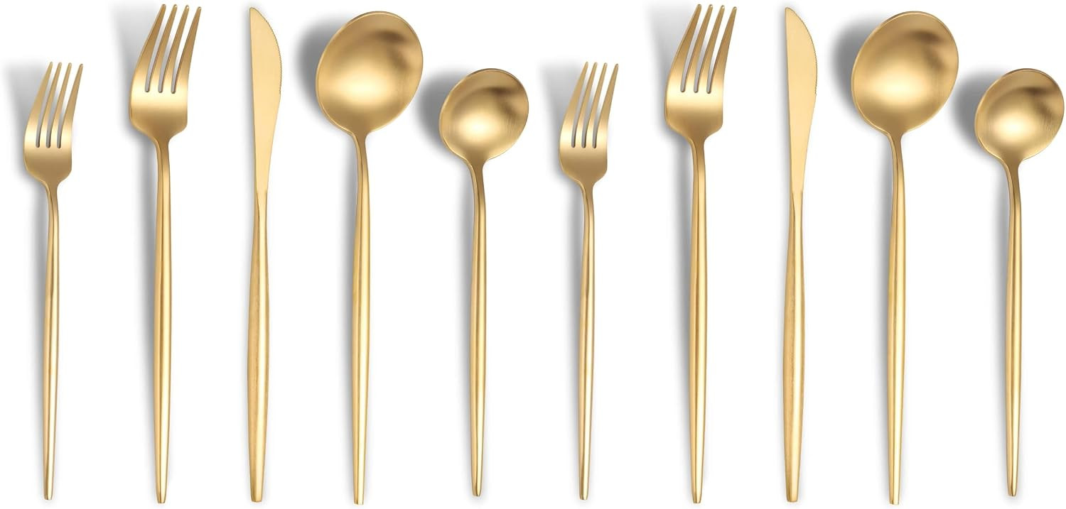Matte Gold Silverware Set for 4,Modern Stainless Steel Brushed Cutlery Set,20-Pieces Heavy Duty Flatware Set,Knives Spoons and Forks Set Utensils Set, Satin Finish, Dishwasher Safe (Pack of 2) | Amazon (US)