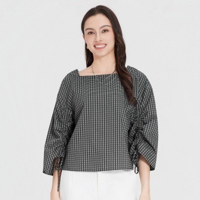 Women's Puff 3/4 Sleeve Ruched Blouse - A New Day™ Black Check S | Target