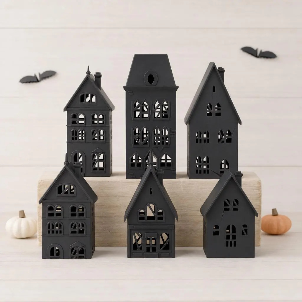 Halloween Haunted Village Tea Light Houses, Black Gothic Spooky Mantel Decor | Etsy (Global)