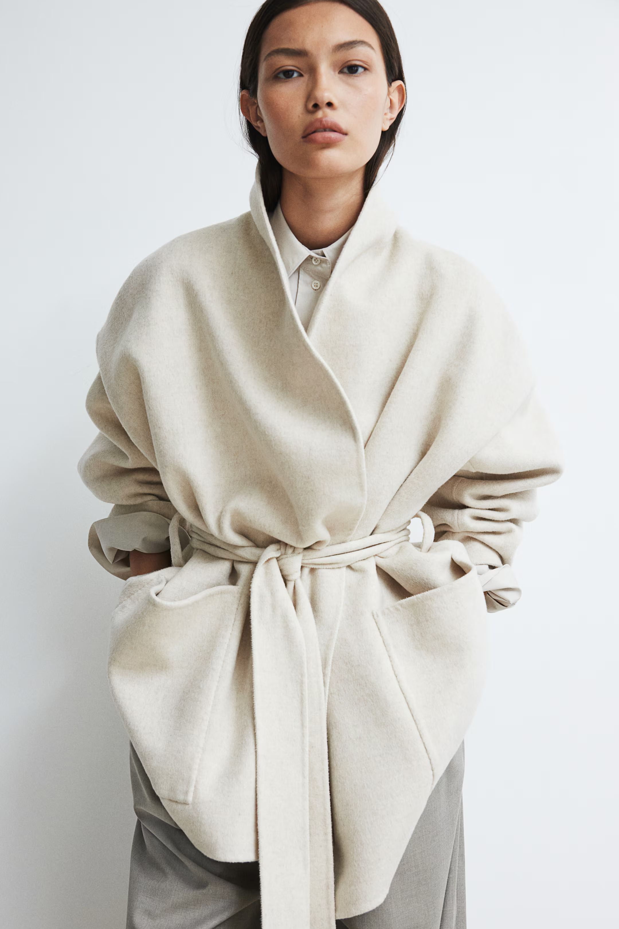 Handmade wool-blend coat - Long sleeve - Knee length - Dark beige - Ladies | H&M GB | H&M (UK, MY, IN, SG, PH, TW, HK)