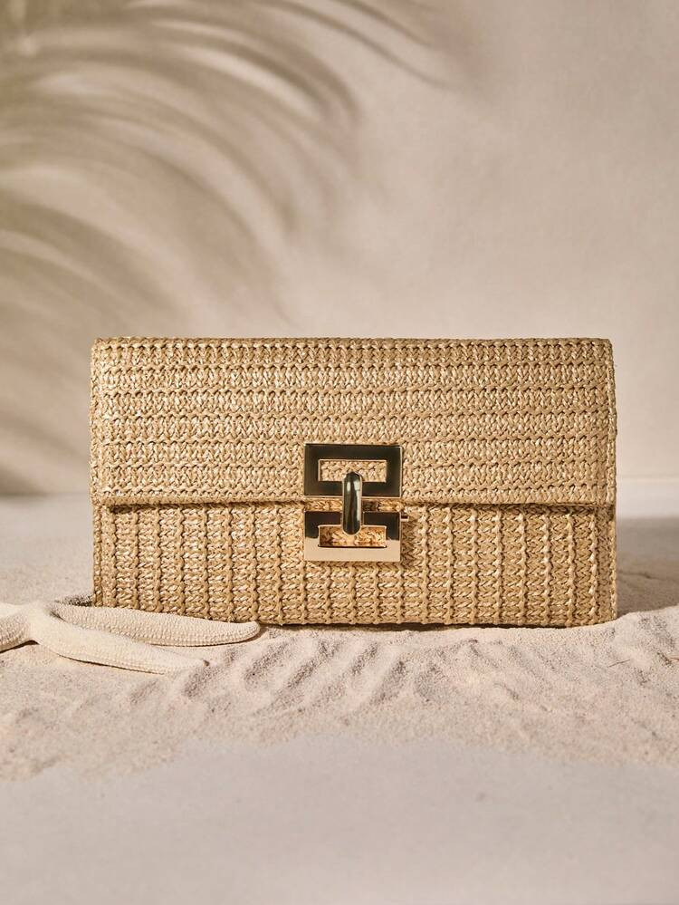Tropiscape Multi-Layer Twist-Lock Flap Clutch Gold Bag Woven Handbag, Perfect For Vacation Beach Autumn Winter Gifts , Gold Bag | SHEIN USA | SHEIN