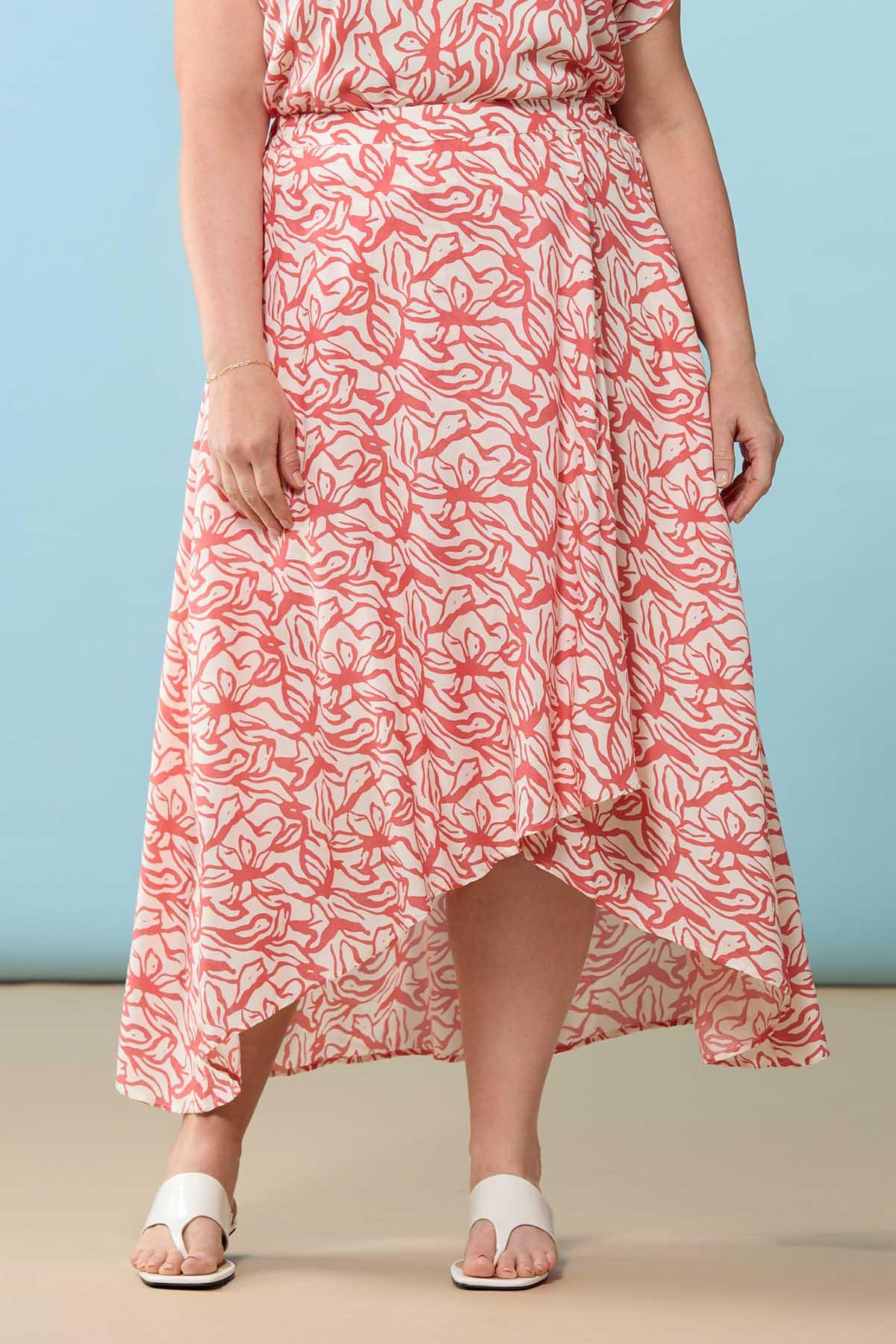Plus Size Coral Floral Faux Wrap Skirt | Cato Fashions
