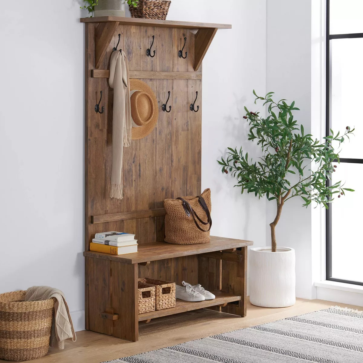 70" Bethel Acacia Wood Hall Tree Natural - Alaterre Furniture: Mudroom Organizer with 7 Hooks | Target