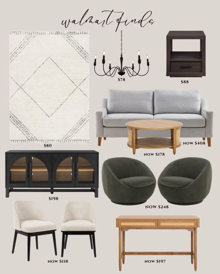 #walmartpartner #IYWYK Walmart fave finds on Walmart.com - @walmart Walmart favorite finds:
White rug. Black chandelier traditional. Dark brown nightstand. Light gray sofa. Natural wood coffee table. Black cabinet. Green accent chair modern. White dining chair. Natural wood desk.

#LTKhome #LTKsalealert