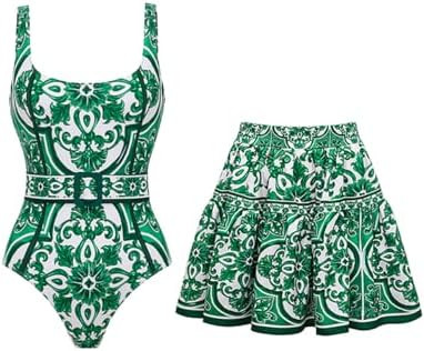 FLAXMAKER Classic Majolica Pattern Print Adjustable Shoulder Straps One Piece Swimsuit and Pants ... | Amazon (US)