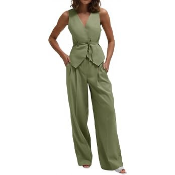 Cicy Bell Womens 2 Piece Outfits V Neck Tie Waist Blazer Vest and Wide Leg Business Casual Suit P... | Amazon (US)