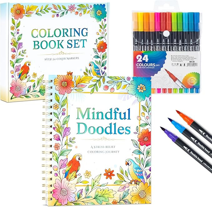 Ospelelf Adult Coloring Book Set Women Relaxation Gifts with 24 Colors Markers for Birthday, Stre... | Amazon (US)