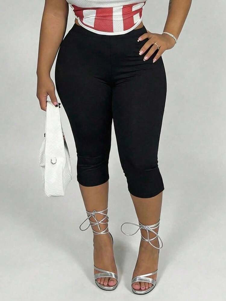 Plus Size Women's Capri Stretch Casual Yoga Sports Solid Color Cropped Leggings, Women's Bottoms,... | SHEIN