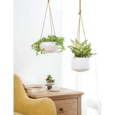 Ceramic Hanging Planter Of Shallow 8 Inch And Deep 6 Inch, Set Of 2 Modern Plant Pot Geometric Porcelain Hanging Basket With Polyester Rope Hanger | Wayfair North America