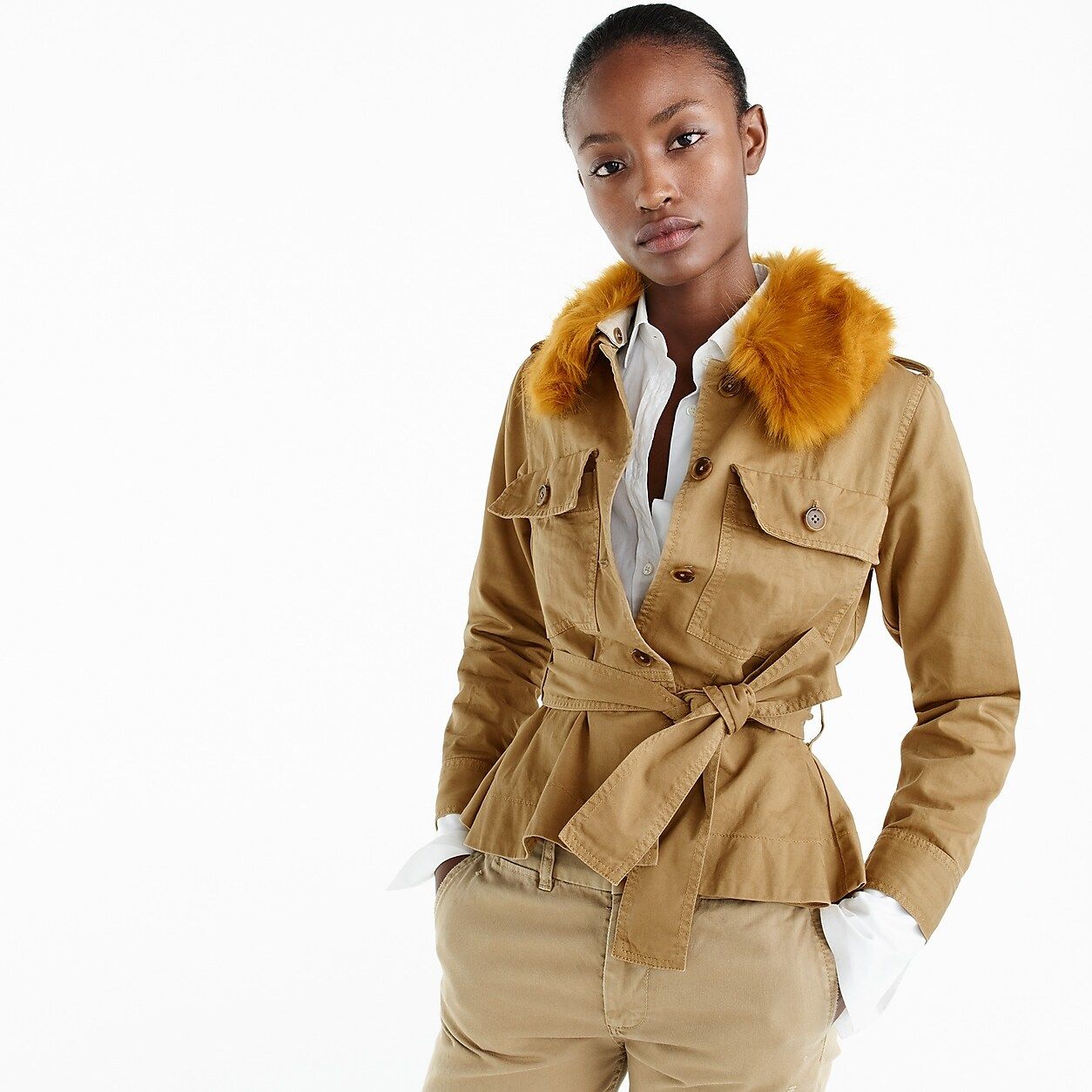 Peplum chino jacket with faux-fur collar | J.Crew US