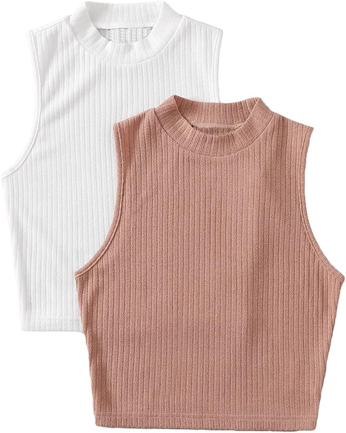 Milumia Women's 2 Packs Ribbed Knit Mock Neck Sleeveless Casual Basic Tank Top | Amazon (US)