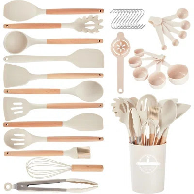 34 PCS Non-Stick Silicone Cooking Utensils Set With Wooden Handle Kitchen Gadgets Tools Set For Nonstick Cookware (Cream White) | Wayfair North America