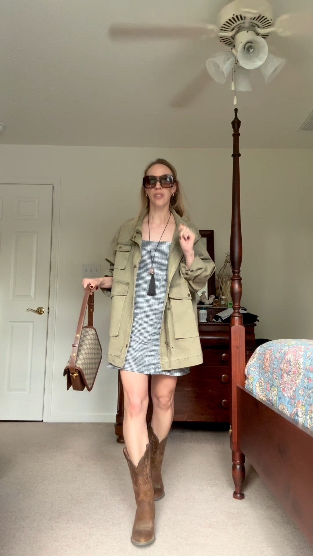 Transitional outfit for summer to fall with gingham dress, utility jacket, cowboy boots

#LTKootd #LTKdayinmylife #LTKOver40