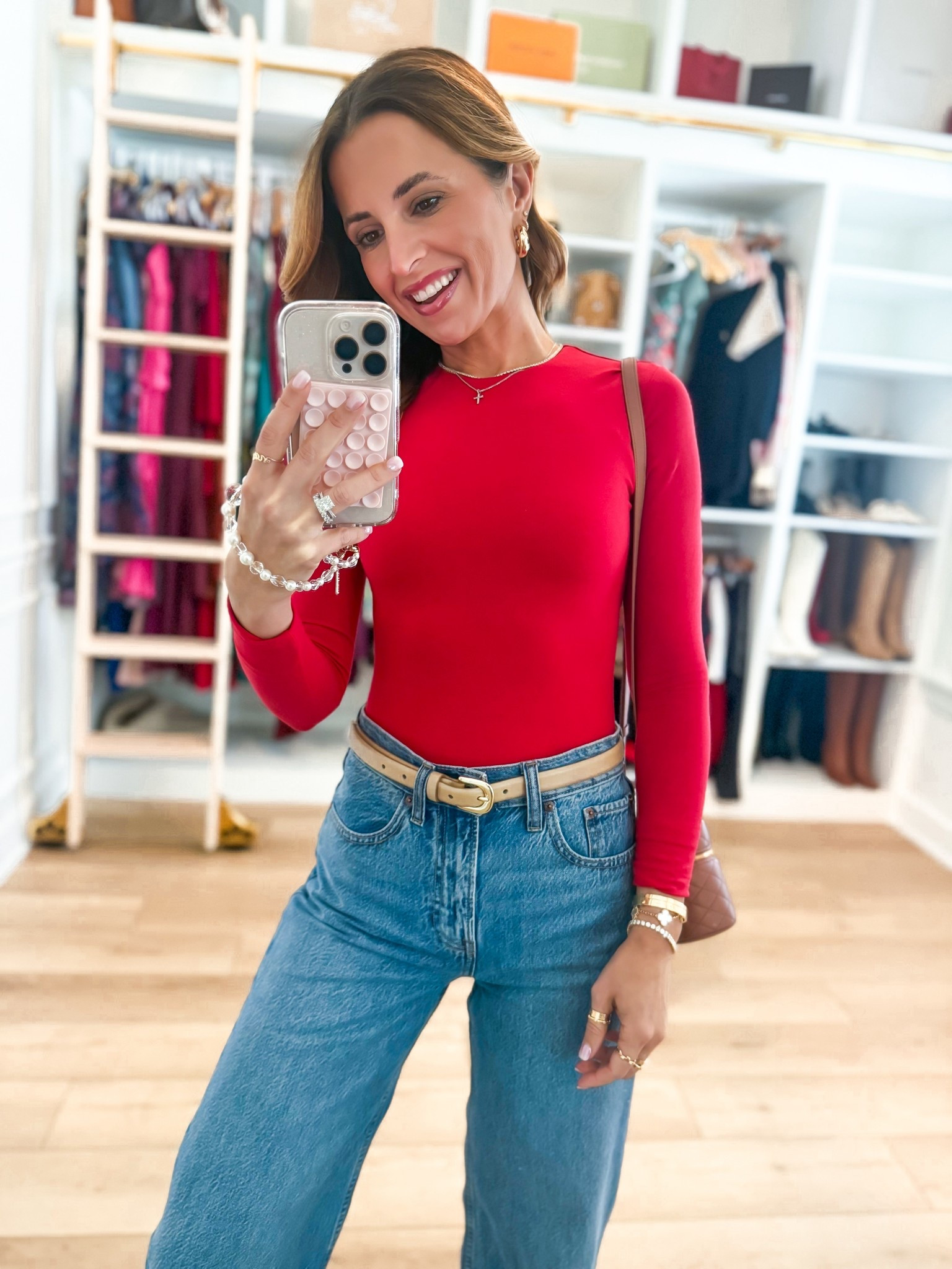 My #ootd! Elevated casual - what I’m wearing to a birthday party. Elevated casual. Mom outfit. New Abercrombie high rise wide leg jeans in 24 short: size down if in-between. Love these!! Doubled lined baby tee long sleeves in XXS. Quince belt in XS. Gucci ballet flats are TTS. YSL vanity bag. 

#LTKPetite #LTKValentine #LTKootd