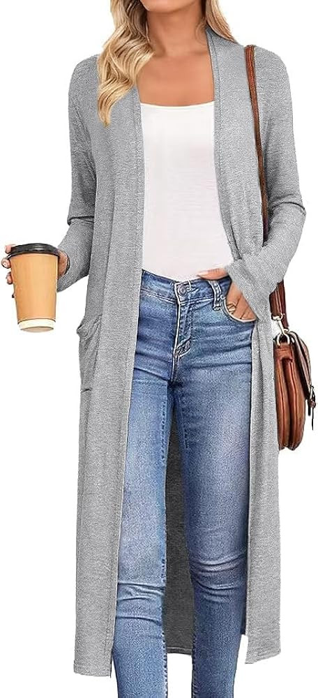 AYIFU Womens Maxi Cardigan Lightweight Long Sleeve Open Front Casual Cardigans Duster with Pocket... | Amazon (US)