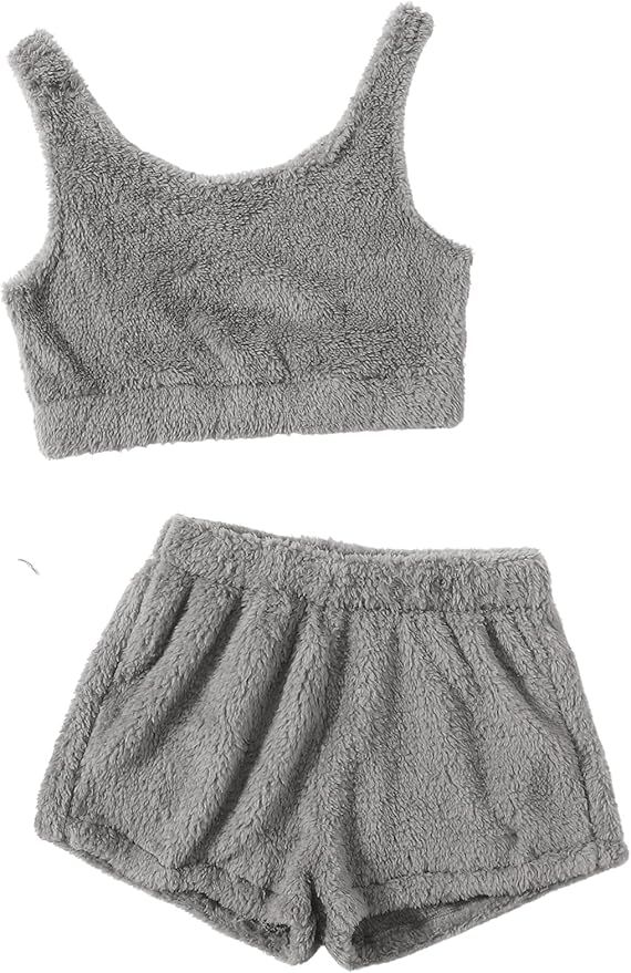 SweatyRocks Women's Fluffy Pajamas Set Crop Tank Top with Shorts Loungewear | Amazon (US)