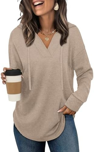 Sampeel Hoodies for Women Trendy Fall Fashion 2025 V Neck Oversized Sweatshirt Plus Size Tops Clo... | Amazon (US)