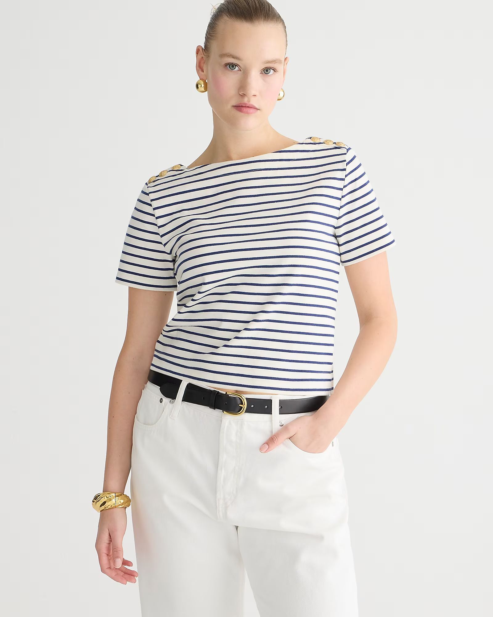 Mariner cloth short-sleeve T-shirt with buttons in stripe | J.Crew US