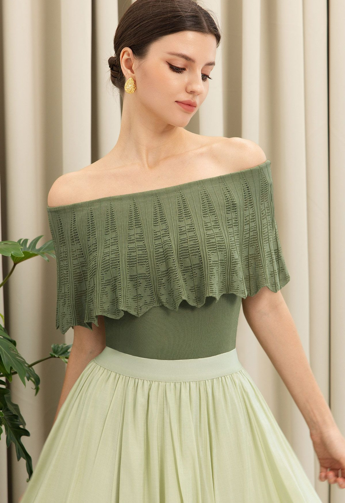 Folded Off-Shoulder Pointelle Knit Top in Green for Lakeside Picnic & Garden Visit | Chicwish