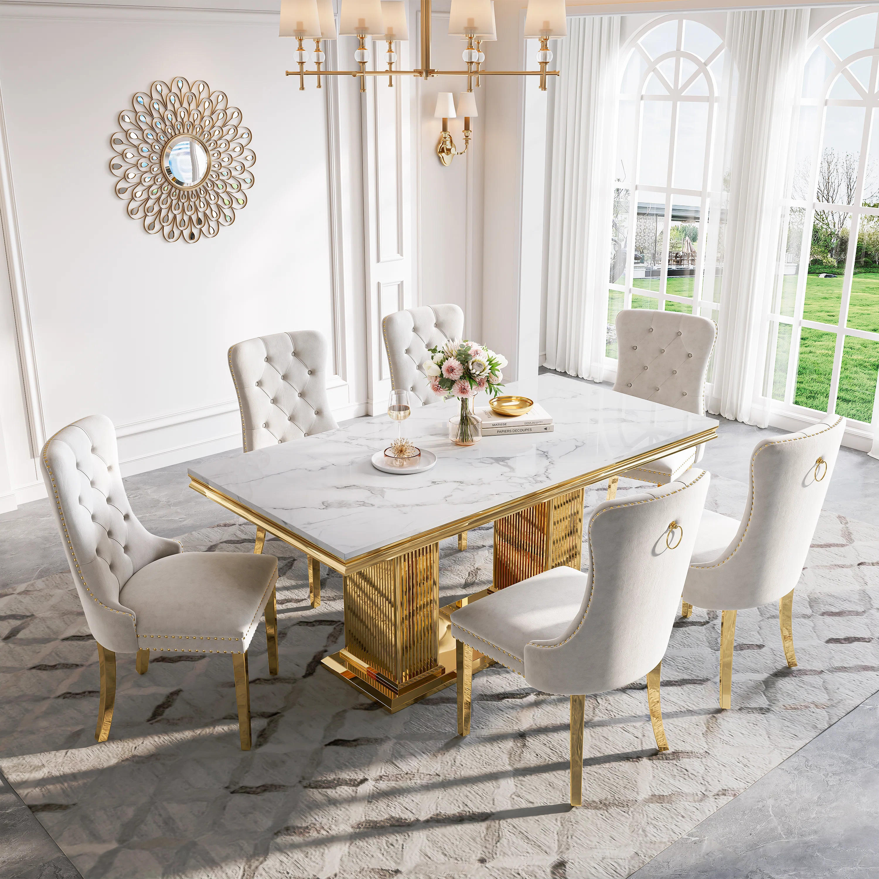 Metal And Faux Marble Rectangular Dining Table With 6 Velvet Upholstered Nailhead Dining Chair | Wayfair North America