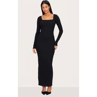 Tall Black Square Neck Long Sleeve Rib Maxi Dress, Black | PrettyLittleThing UK