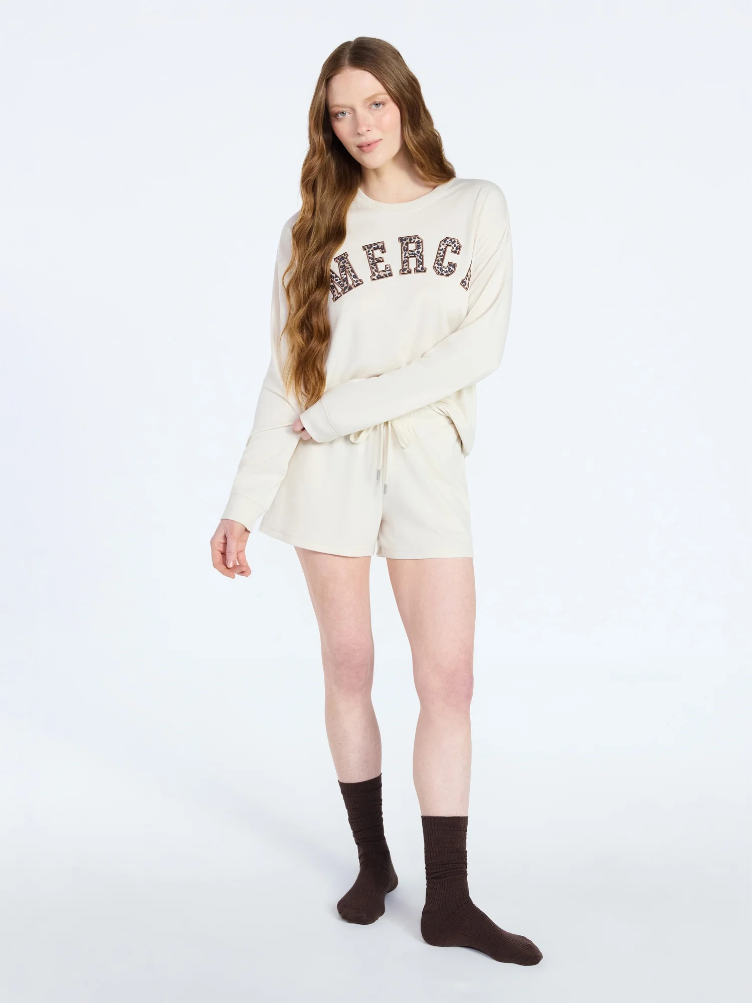 Joyspun Women's French Terry Long Sleeve Top and Shorts Lounge Set, 2-Piece, Sizes XS-3X | Walmart (US)