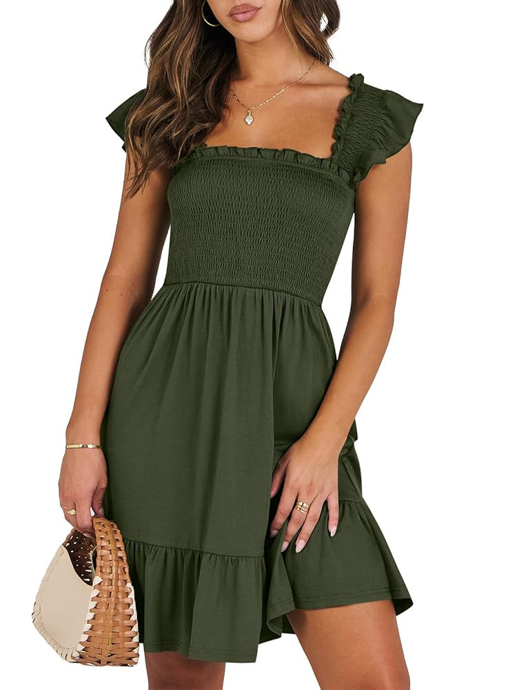 ANRABESS Women's Summer Casual Sleeveless Square Neck Dress 2025 Smocked Ruffle Backless Boho Bea... | Amazon (US)
