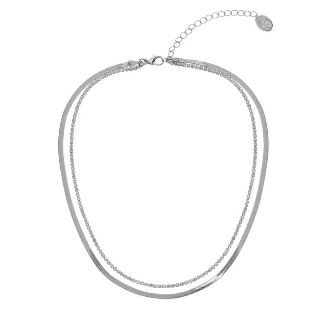 Time and Tru Adult Women's Silver Tone Layered Crystal and Metal Necklace | Walmart (US)