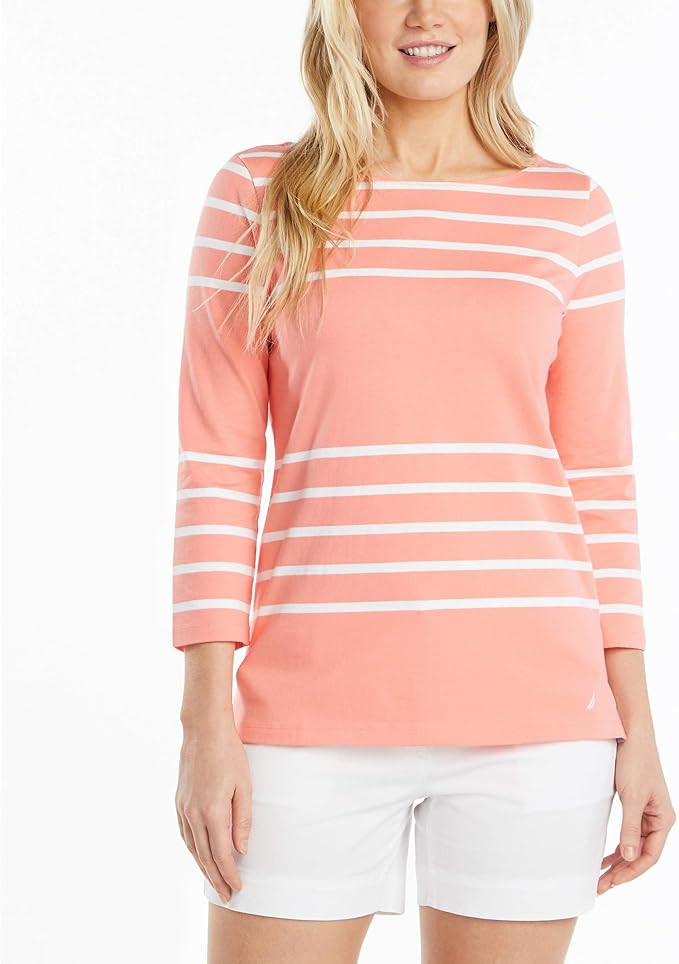 Nautica Women's Boatneck 3/4 Sleeve 100% Cotton Shirt | Amazon (US)