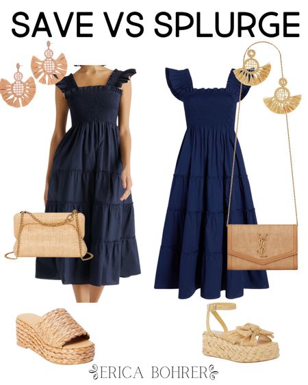 Save vs Splurge navy blue smocked dress and raffia shoes and bags.

#LTKshoecrush #LTKSeasonal #LTKfindsunder100
