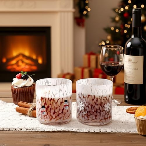 Mimorou 2 Pcs Christmas Icon Juice Glass 14 Ounce Snowman Xmas Tree Themed Drinking Cocktails Glasses for Party, Winter Cute Double Old Fashioned Reusable Cups for Home Bar Decor Lovely Gifts | Amazon (US)
