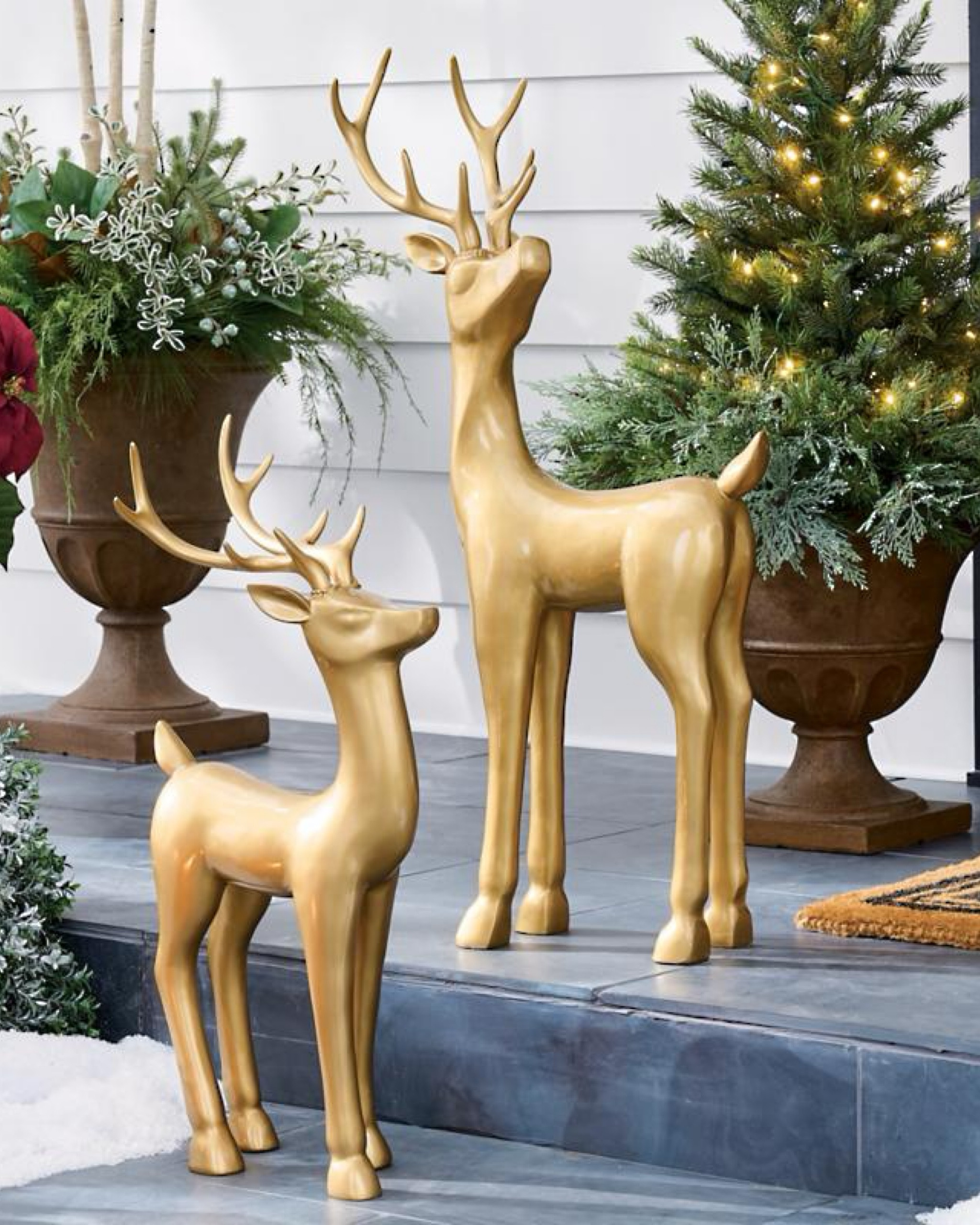Enhance your outdoor space with the timeless charm of these elegant resin deer. Standing at approximately 3 feet tall, each piece is finished in a warm, glowing antique brass tone, exuding sophistication and grace. Perfectly sized for indoor or outdoor use, they make a stunning addition to your entryway, garden, or living area, offering a refined touch to any setting.

#LTKSeasonal #LTKHome #LTKHoliday
