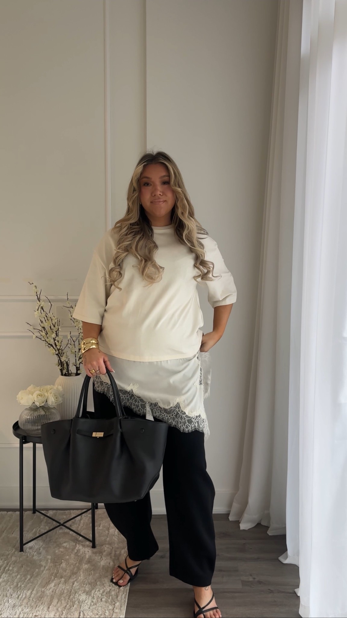 Lace satin short top, wide leg barrel pants 

#LTKplussize #LTKstyletip #LTKmidsize