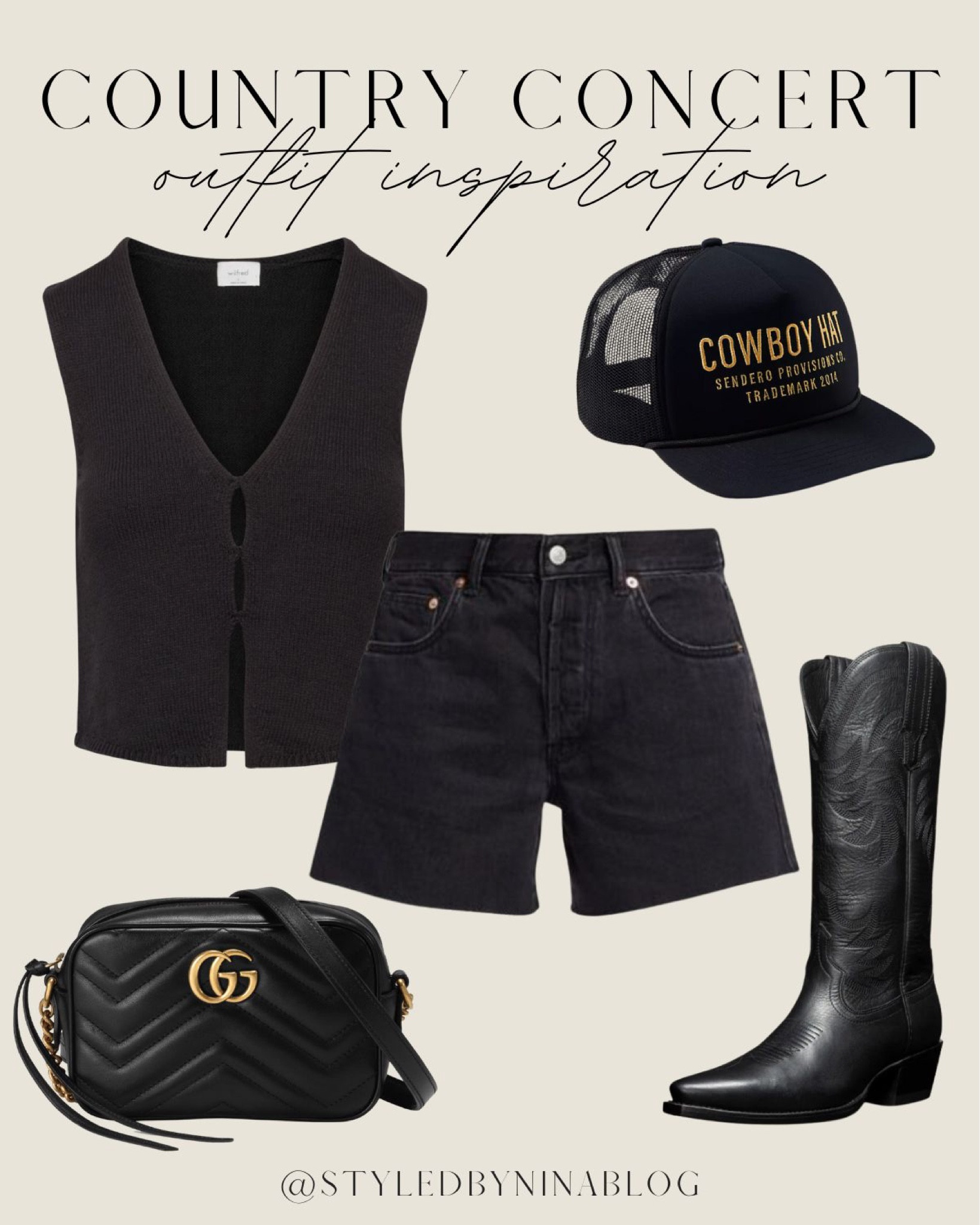 Country concert outfit inspiration - country concert outfits - black cowboy boots - nashville outfits - nashville bachelorette party outfits - cowboy hat trucker hat - vest top - denim shorts - Coachella outfits - festival outfits 

#LTKwedding #LTKFestival #LTKshoecrush