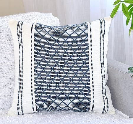 Cotton Woven Designer Throw Pillow Cover (Blue / Cream, 20 x 20 inches) | Amazon (US)