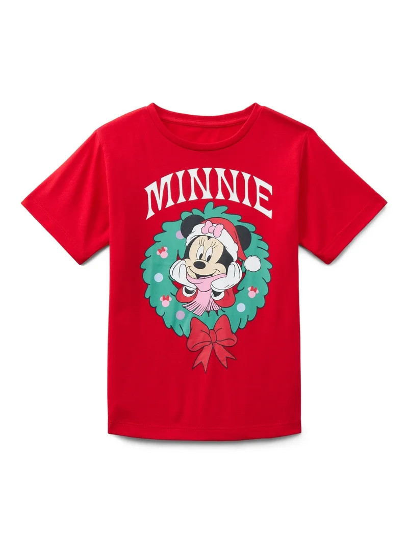 Disney Minnie Mouse Christmas Wreath Girls Graphic Tee with Short Sleeves, Sizes 4-16 | Walmart (US)