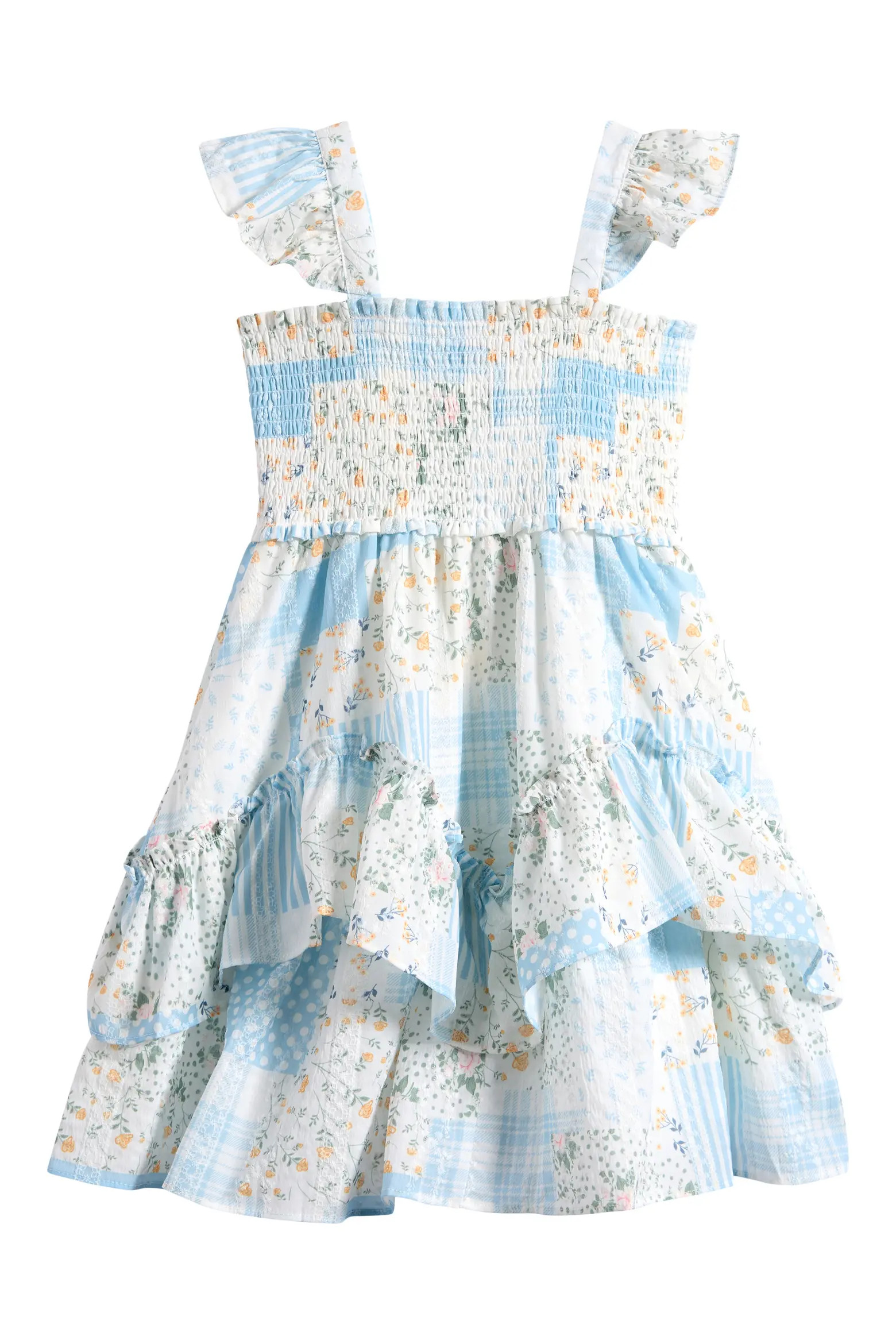 Kids' Flutter Sleeve Patchwork Print Smocked Bodice Party Dress (Women) | Nordstrom | Nordstrom