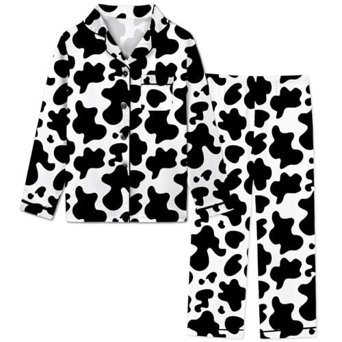 Silk Pajamas for Girls Satin Long Sleeve Button Down PJ Set Two-Piece Sleepwear for Kids, Cow Print, 5-6 Years | Amazon (US)