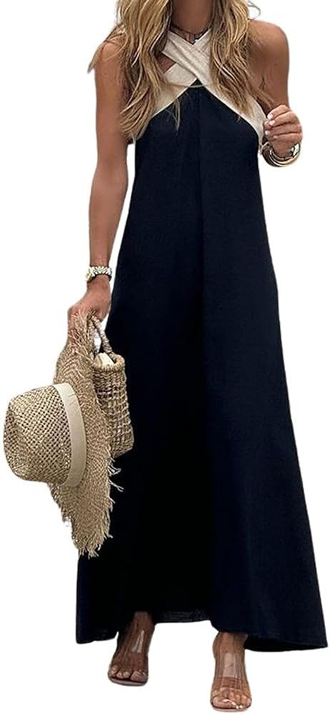 CHARTOU Women Summer Vacation Halter Neck Crossover Contrast Trim Cotton Linen Flowy Long Dress | Amazon (US)