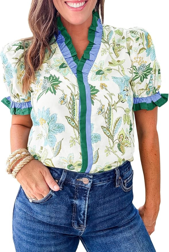 Cicy Bell Womens Summer Floral Print Tops Casual Puff Short Sleeve Ruffle V Neck Button Down Shir... | Amazon (US)