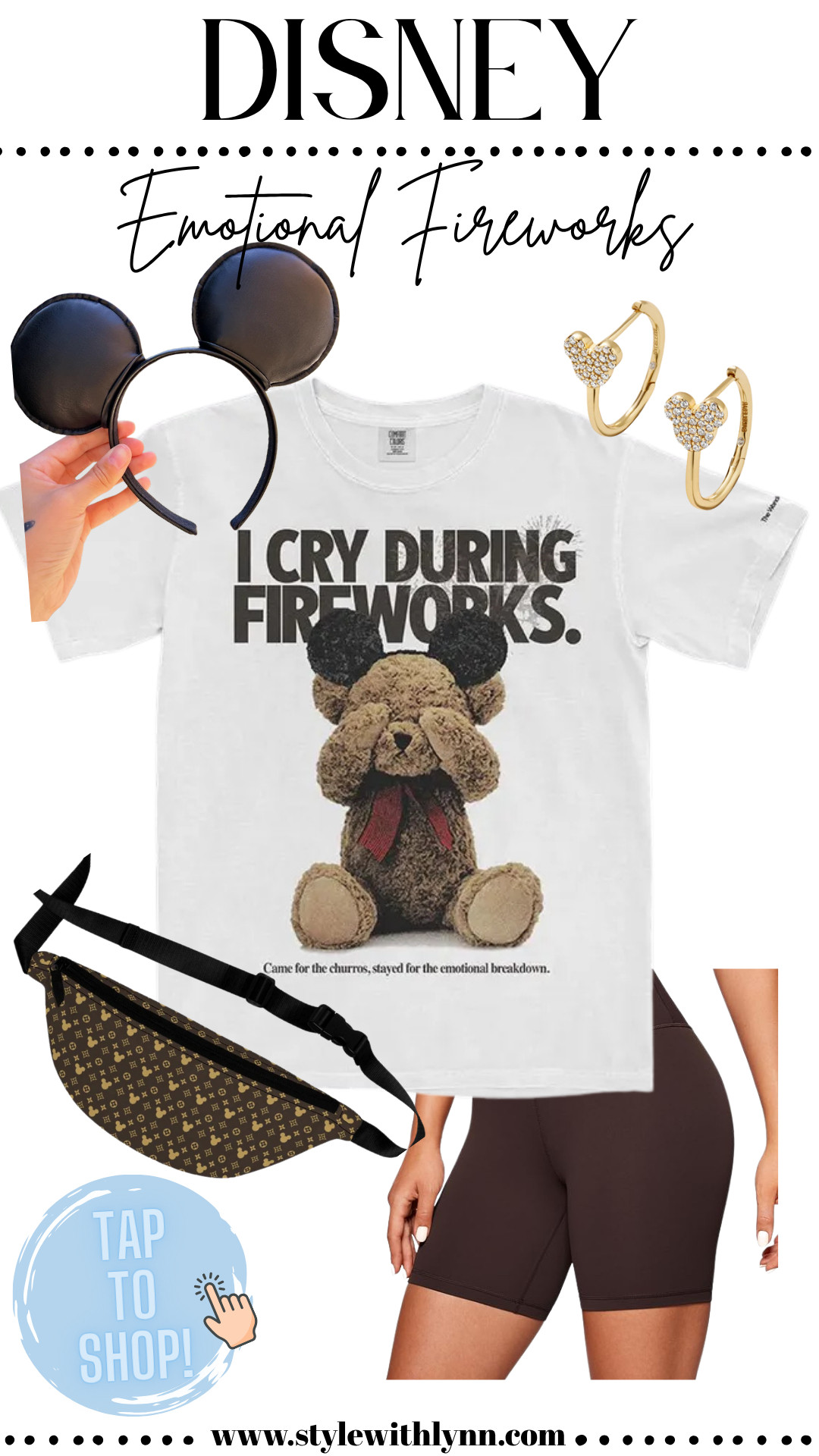 If you get teary during the fireworks, this cozy and fun look is for you! Featuring the cutest “I Cry During Fireworks” graphic tee, classic faux leather Mickey ears, comfy biker shorts, gold Mickey hoop earrings, and a designer-inspired belt bag - this outfit is perfect for a magical night at Disney World or Disneyland. Stay comfy, cute, and ready for those emotional nighttime shows! 🌟

💫 Tap to shop this complete Disney park outfit and get your magical park style ready!

#disneyoutfitinspo #disneyworld #disneyland #disneyvacation #disneyootd 

 #LTKSummerEdit #LTKStyleTip #LTKTravel