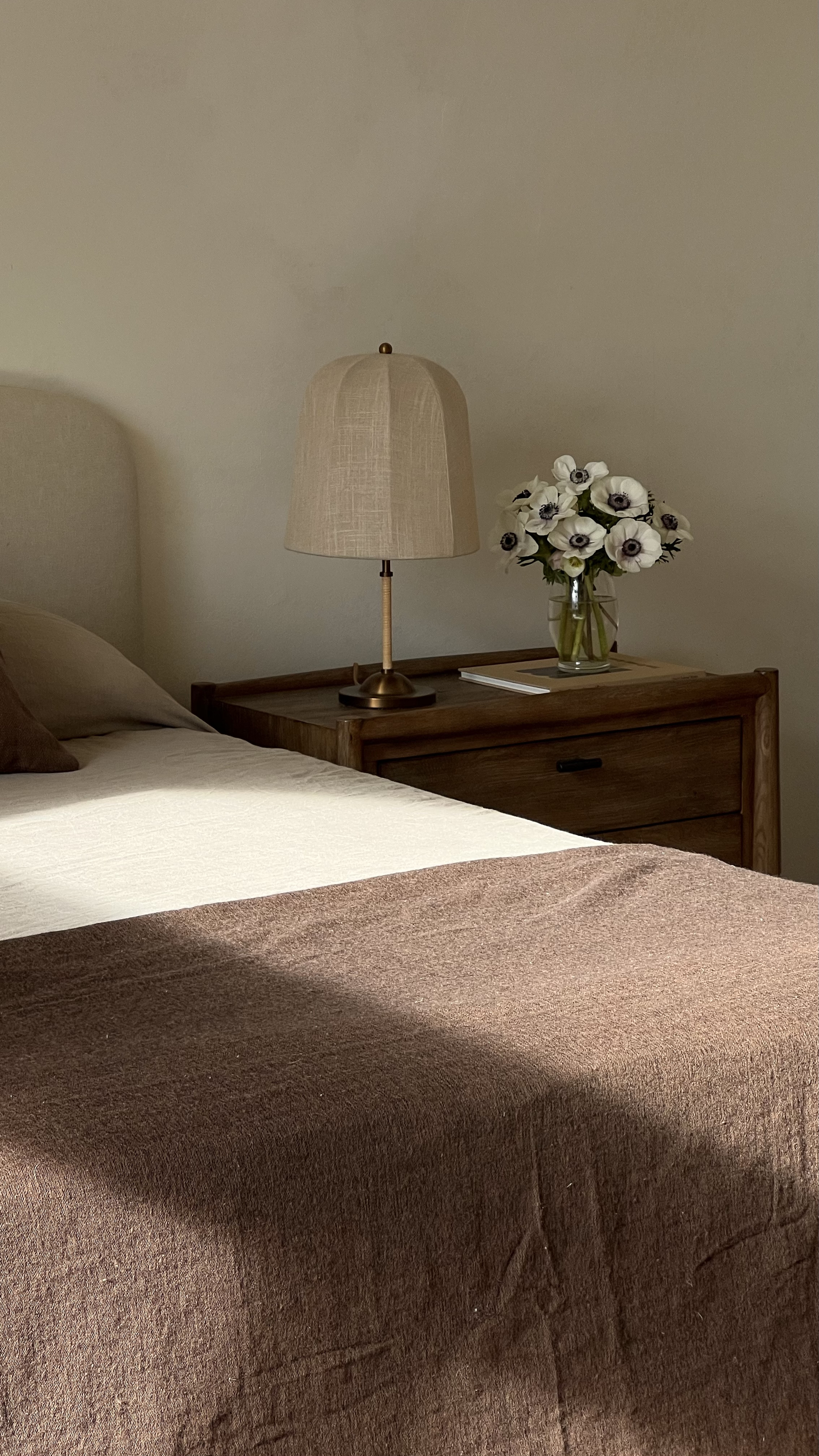 brown blanket, nightstand and bed #wayday