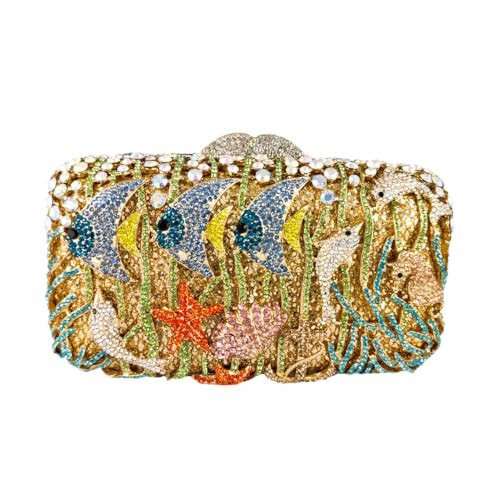WuDiaoer Under the Sea World Crystal Evening Clutch Women Starfish Rhinestone Handbags and Purses for Party Cocktail, Gold | Amazon (US)