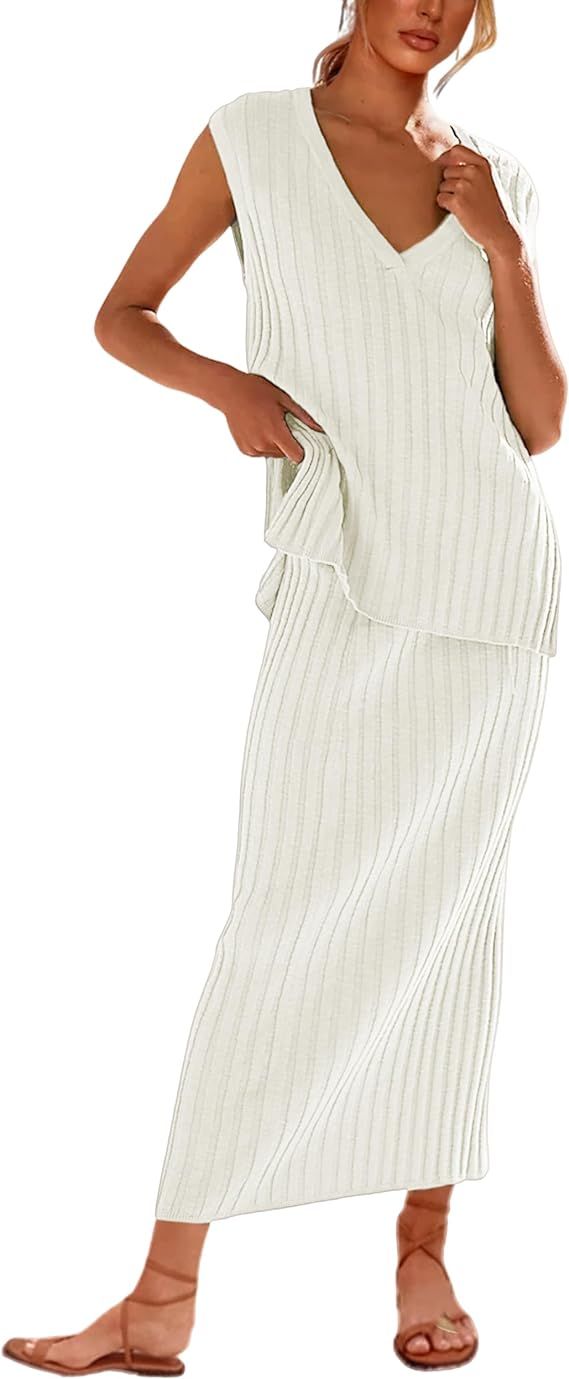 SCUSTY Women's 2 Piece Sweater Skirt Sets Sleeveless V Neck Knit Ribbed Vest Tops Midi Skirt | Amazon (US)