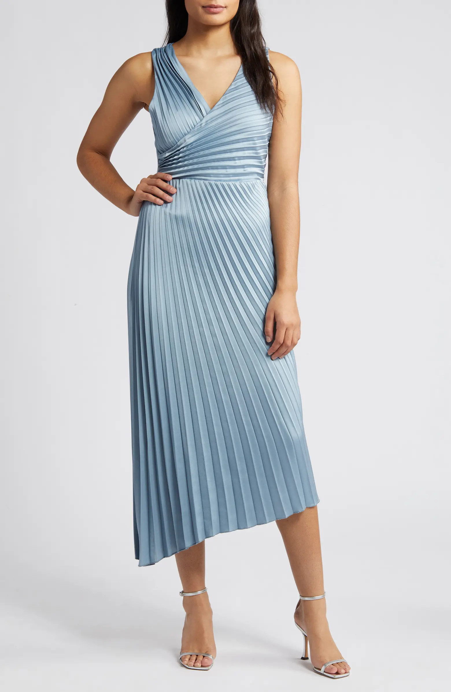 Pleated Asymmetric Hem Satin Dress | Nordstrom