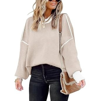 Fall Sweaters for Women 2023 Long Sleeve Striped Oversized Sweaters Trendy Casual Crew Neck Knitted  | Amazon (US)