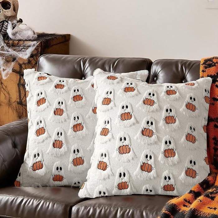 Halloween Decor Throw Pillow Covers Set of 2-18x18 Inches Ivory Cute Ghost Hugging Pumpkin, Plush... | Amazon (US)