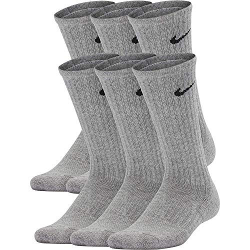 Nike Kids' Performance Cushioned Crew Training Socks (6 Pair), Girls & Boys' Socks with Cushioned Comfort & Dri-FIT Technology, Dark Grey Heather/Black, M | Amazon (US)