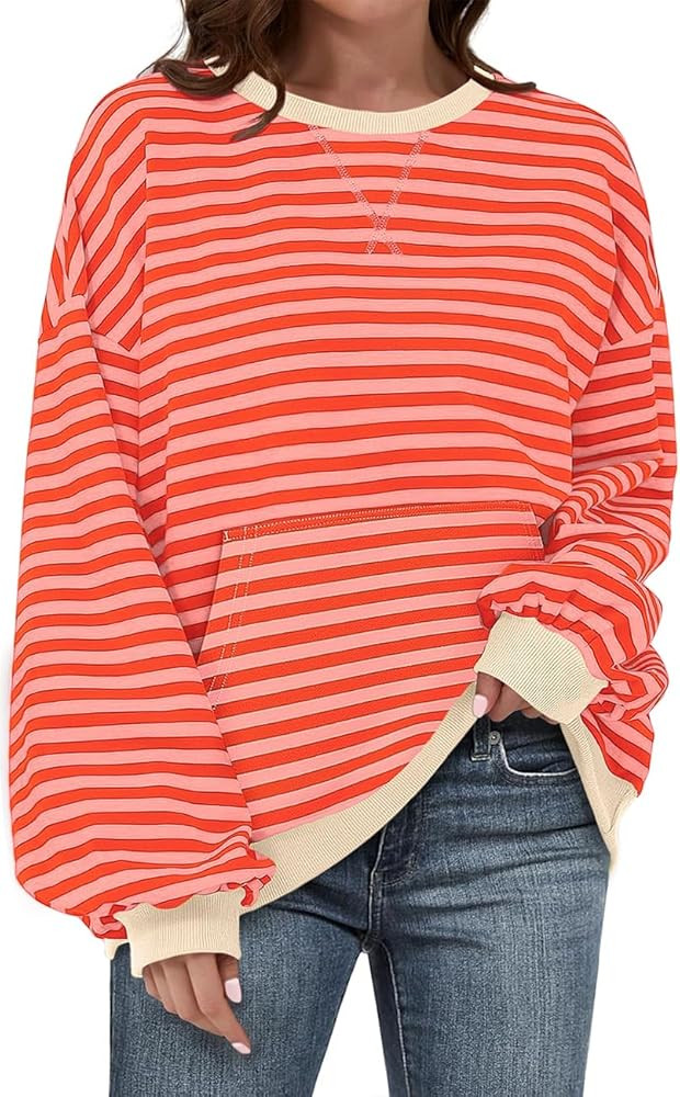 UEU Women Oversized Striped Crewneck Sweatshirt Long Sleeve Color Block Pullover Tops Casual Loos... | Amazon (US)