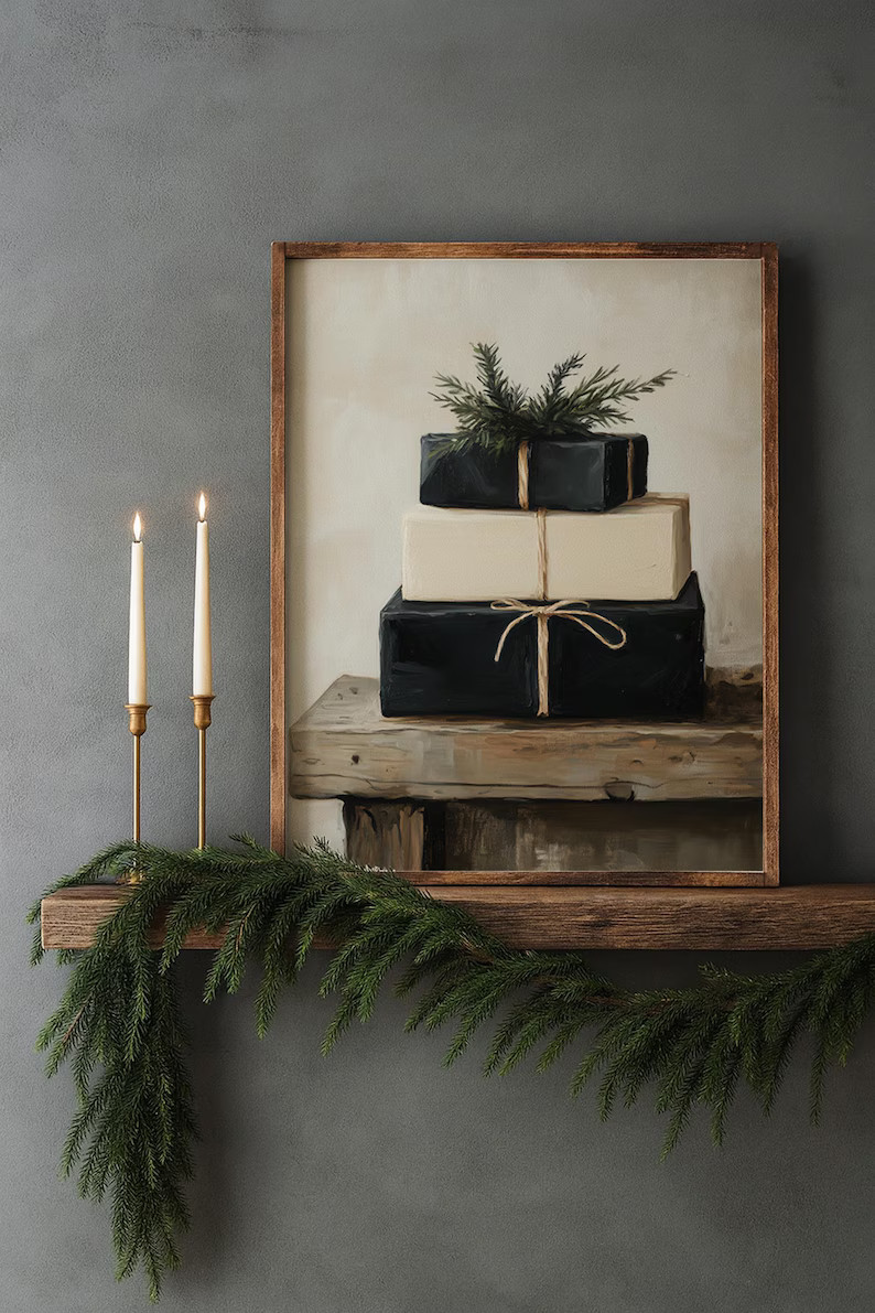 Neutral Christmas Gifts Canvas Wall Art, Rustic Pine Framed Canvas Winter Print - Etsy | Etsy (US)